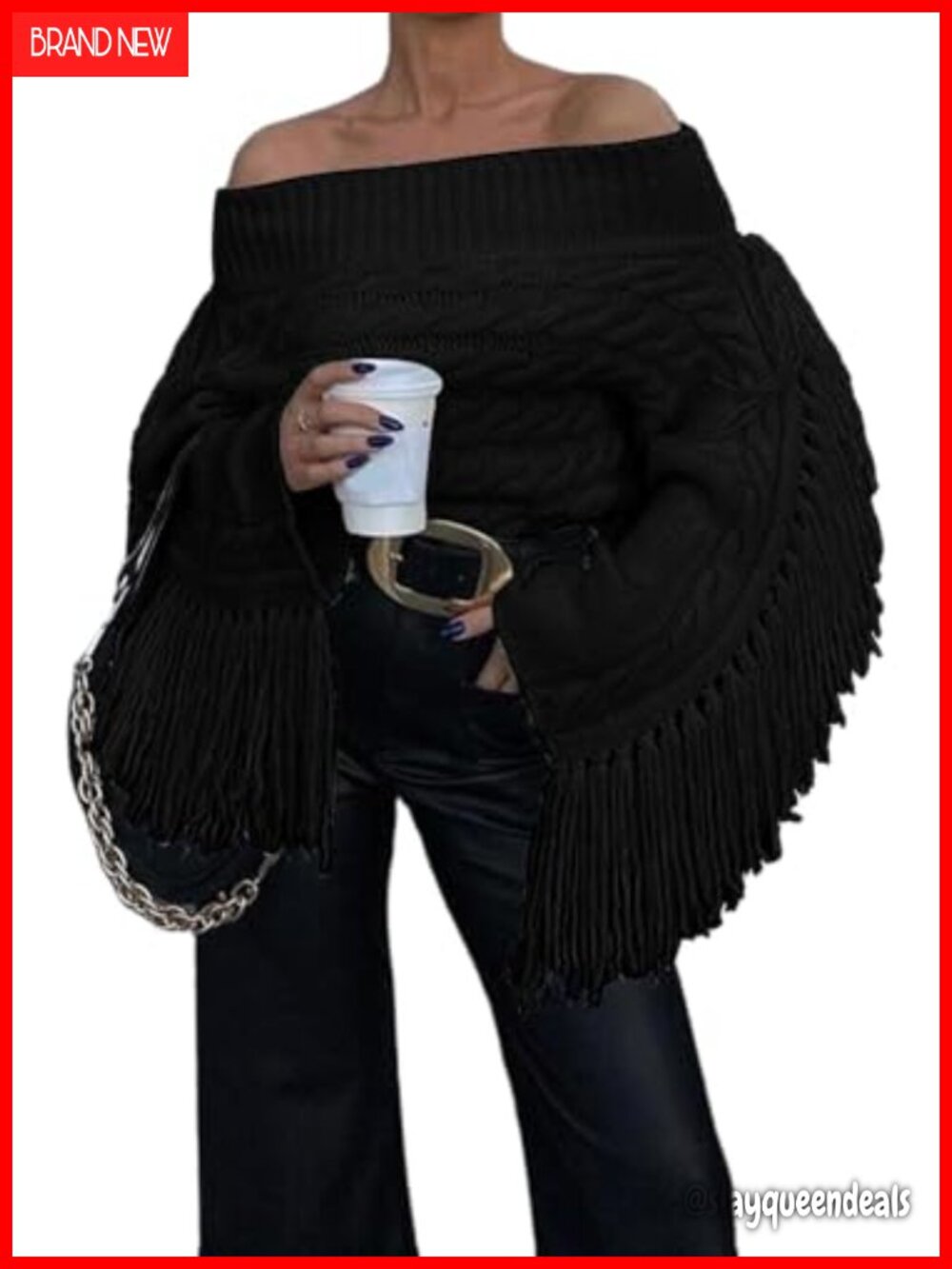 Off Shoulder Fringe Cropped Sweater Long Sleeve Cable Knit Tassel Pullover